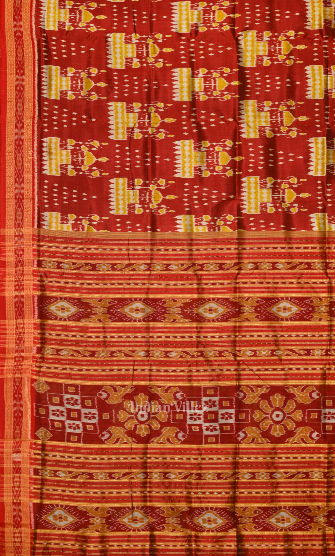 Red Yellow  Tribal Theme Odisha Ikat Khandua Silk Saree 