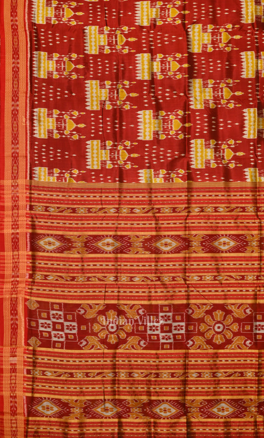 Red Yellow  Tribal Theme Odisha Ikat Khandua Silk Saree 