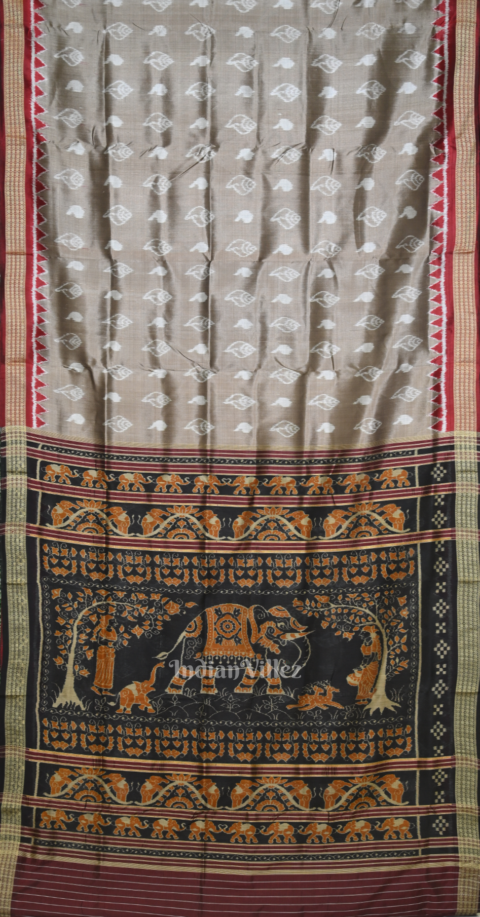 Ash Grey Black Odisha Ikat Sambalpuri Silk Saree with Elephant Anchal 