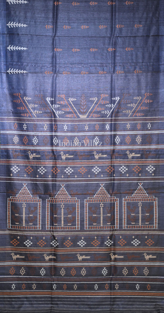 Light Blue Dola Bimana Theme Fine Gopalpur Tussar Silk Saree 