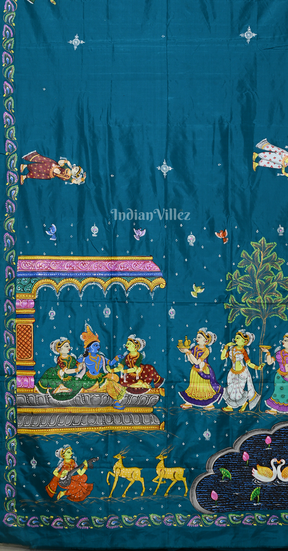 Peacock Blue Radha Krishna Raas Leela Hand-Painted Pattachitra Saree
