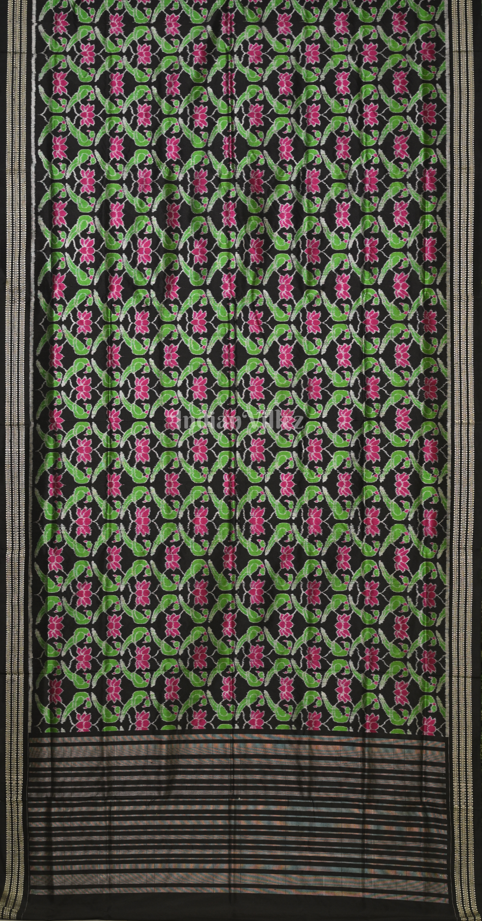 Green Black Lotus Parrot Motif Odisha Ikat Sambalpuri Silk Saree 