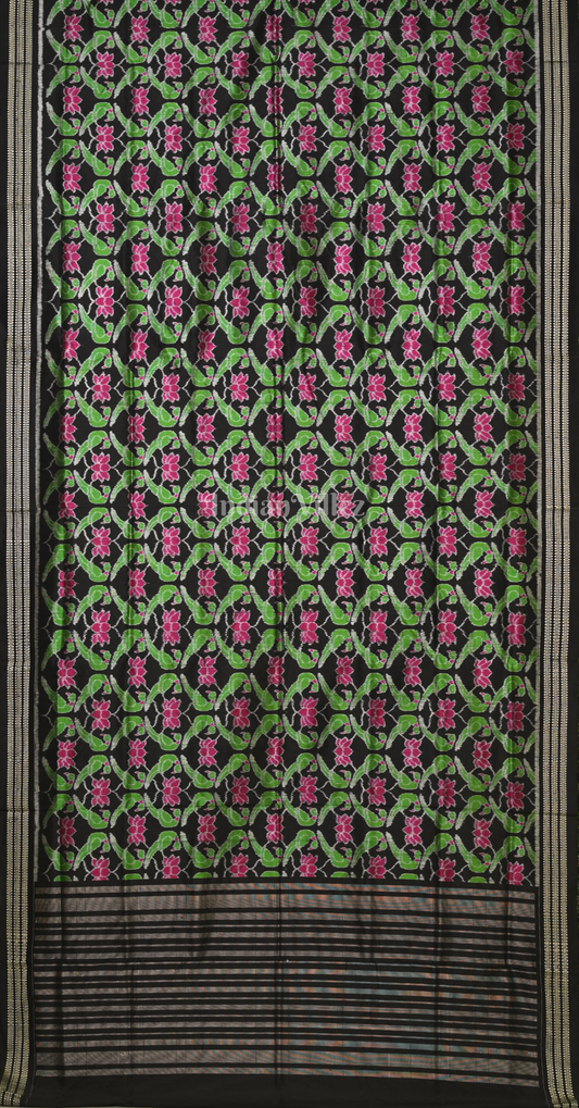 Green Black Lotus Parrot Motif Odisha Ikat Sambalpuri Silk Saree 