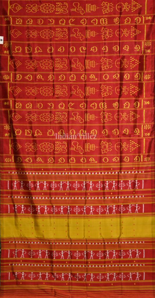 Maroon Yellow Odia Barnamala Odisha Ikat Contemporary Designer Silk Saree