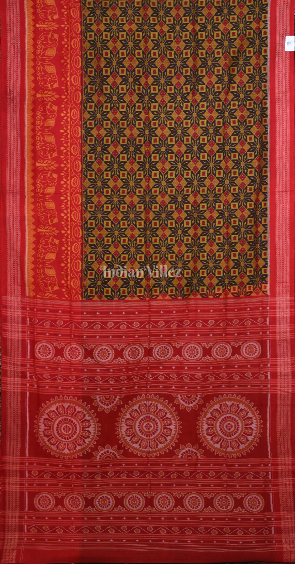 Yellow Red Pasapali Elephant Scot Odisha Ikat Sambalpuri Cotton Saree 