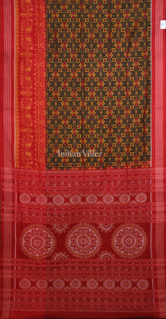 Yellow Red Pasapali Elephant Scot Odisha Ikat Sambalpuri Cotton Saree 