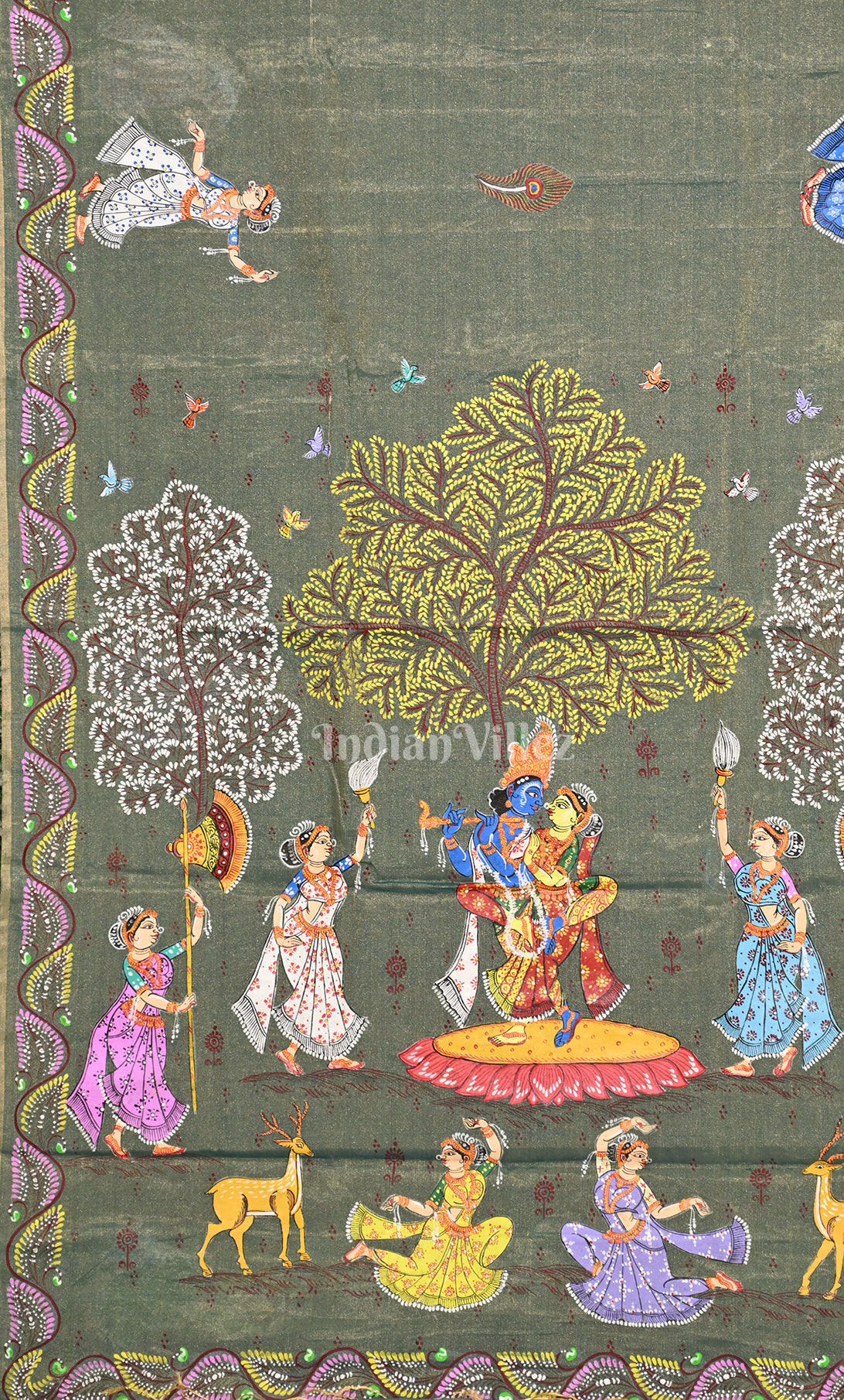 Light Blue Dual Tone Krishna Rasa Leela Hand-Painted Pattachitra Saree 