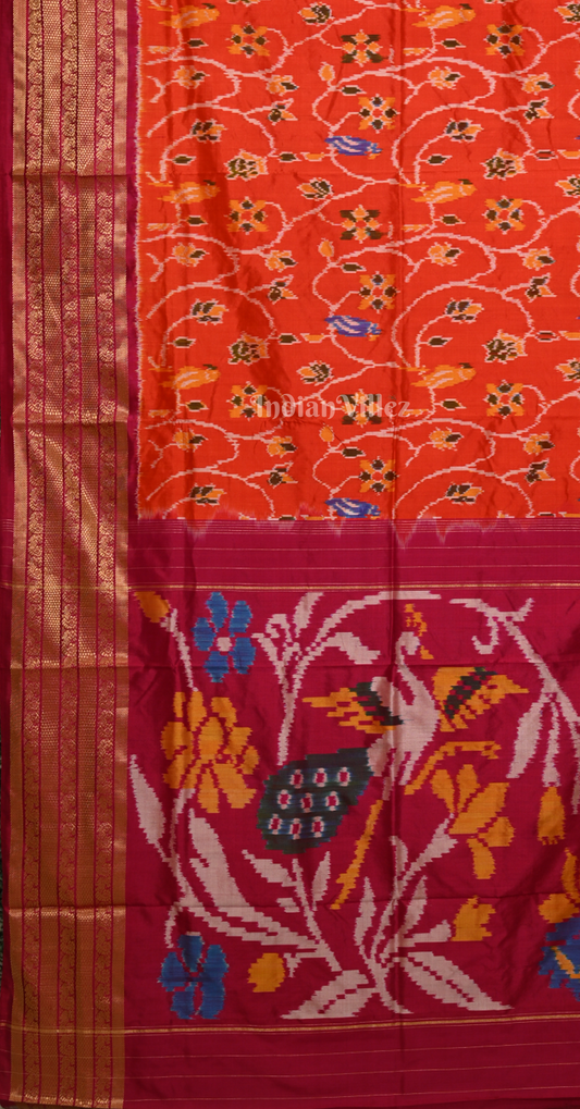 Orange Pink Pochampally Ikat Silk Saree