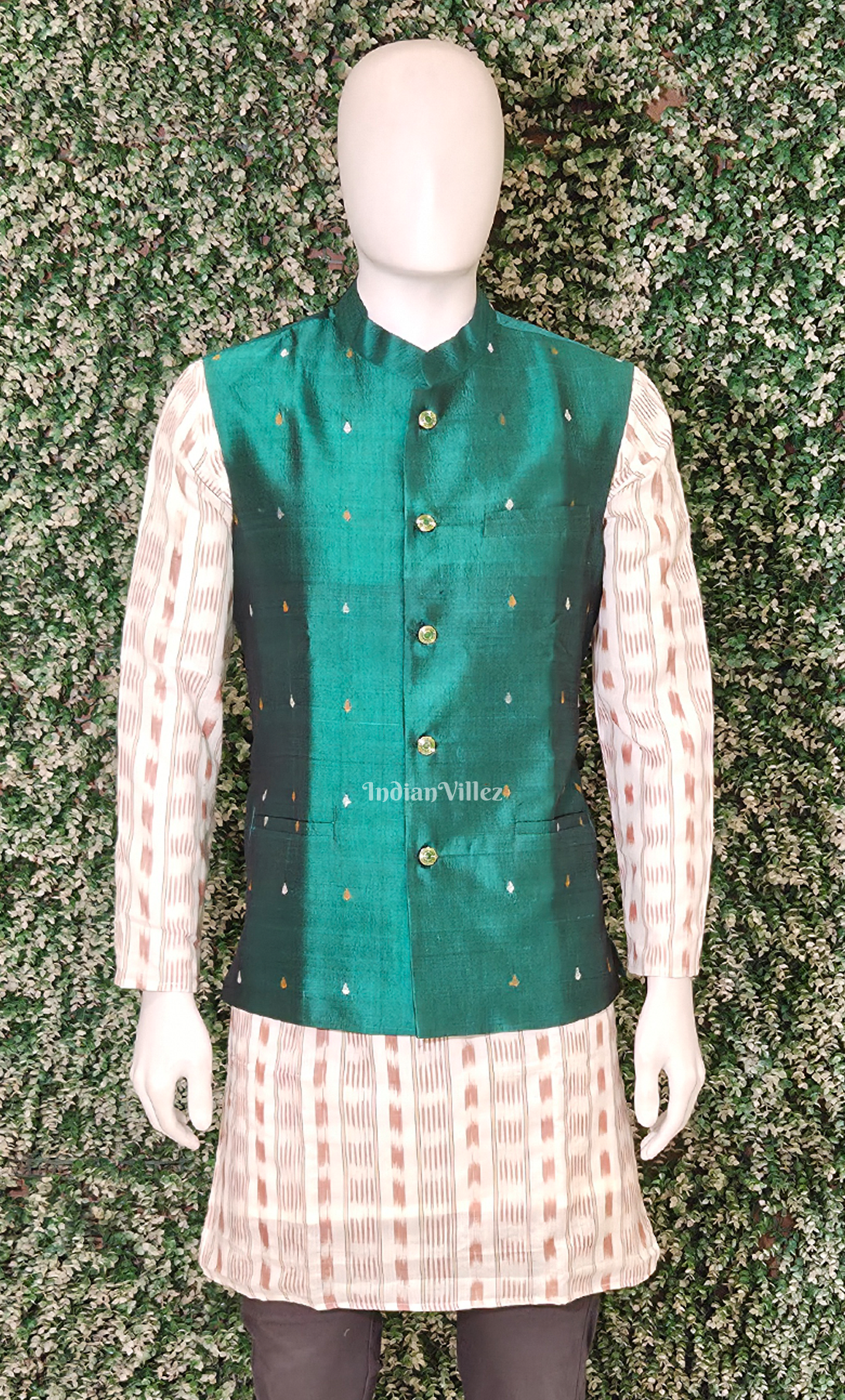 Green Buti Design Odisha Ikat Half Bandi Jacket for Men 