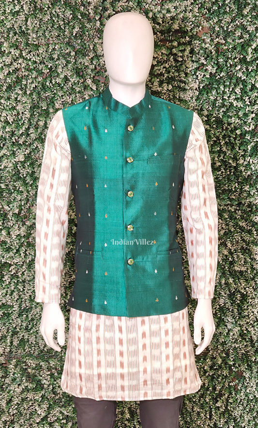 Green Buti Design Odisha Ikat Half Bandi Jacket for Men 