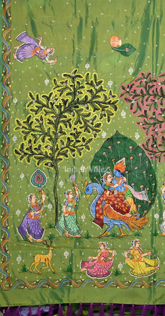 Green Purple Peacock (Mayur) & Nartaki Theme  Hand-Painted Pattachitra Saree 