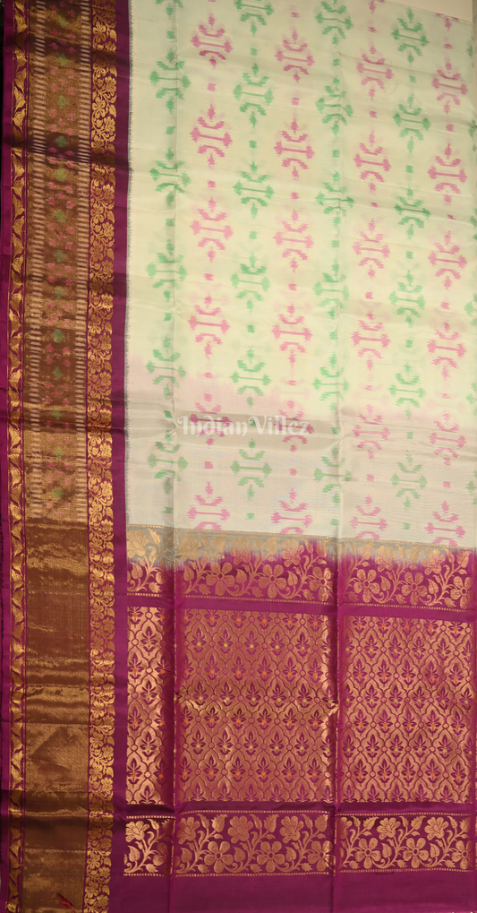Off White Magenta Pink Zari Pure Kanjivaram Soft Silk Saree