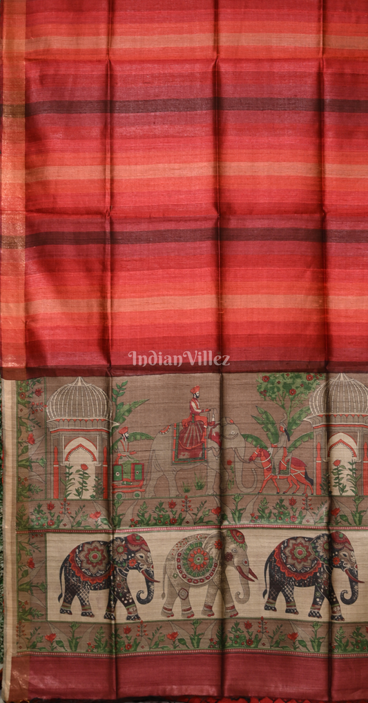 Red Golden Tussar Silk Saree 
