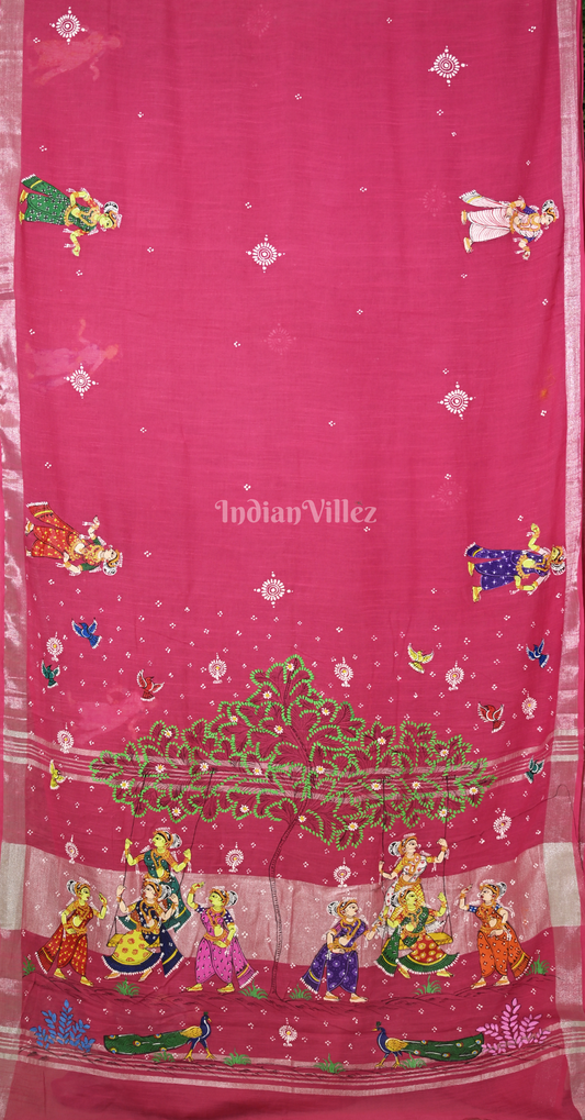 Rani Pink Raja Doli Theme Hand-Painted Pattachitra Saree