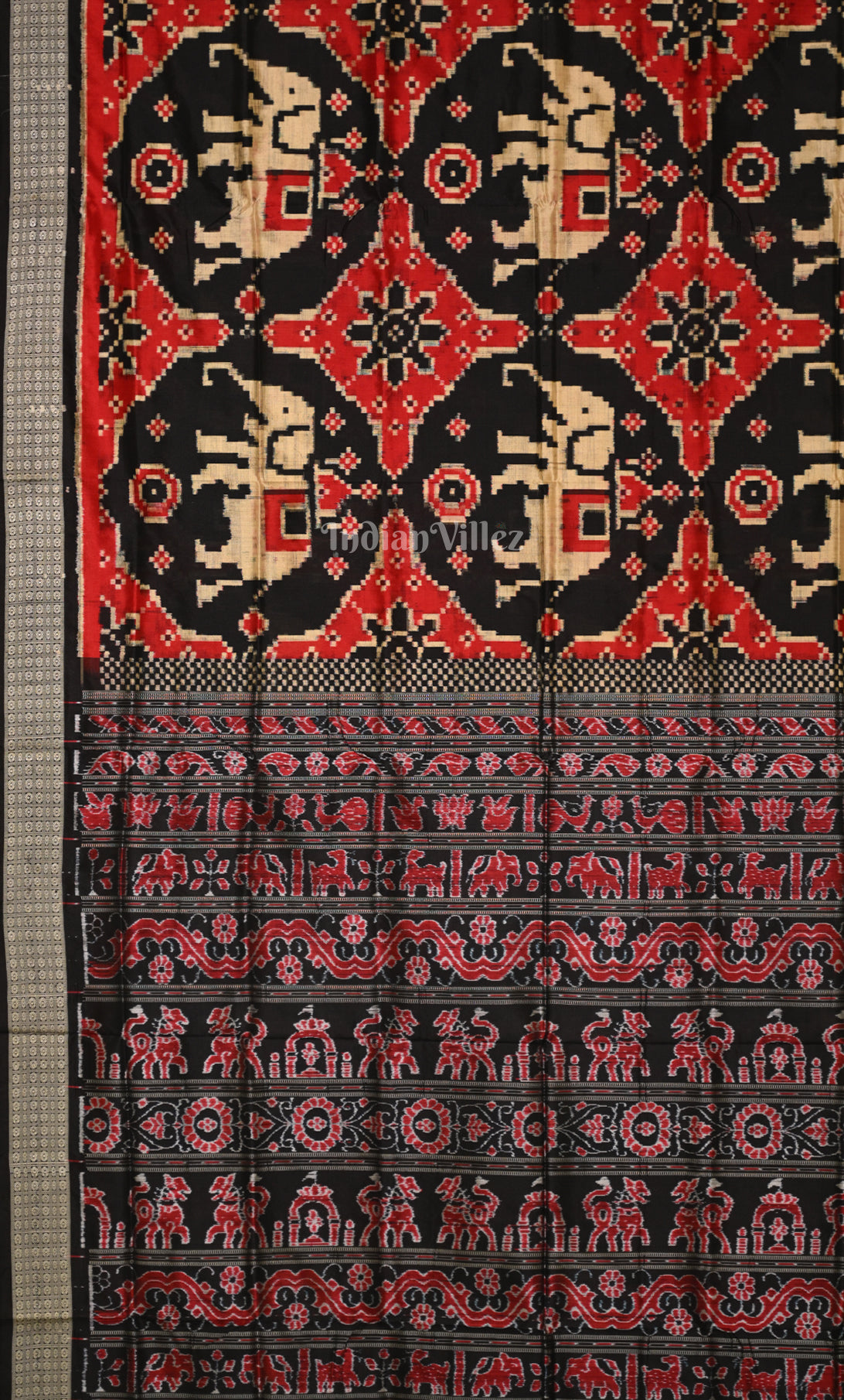Black Red Elephant Motif Odisha Ikat Sambalpuri Silk Saree