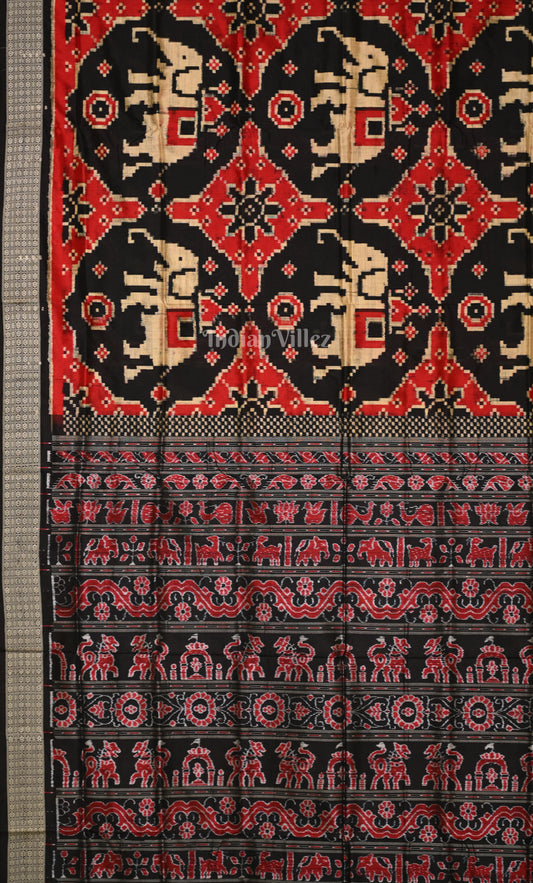 Black Red Elephant Motif Odisha Ikat Sambalpuri Silk Saree