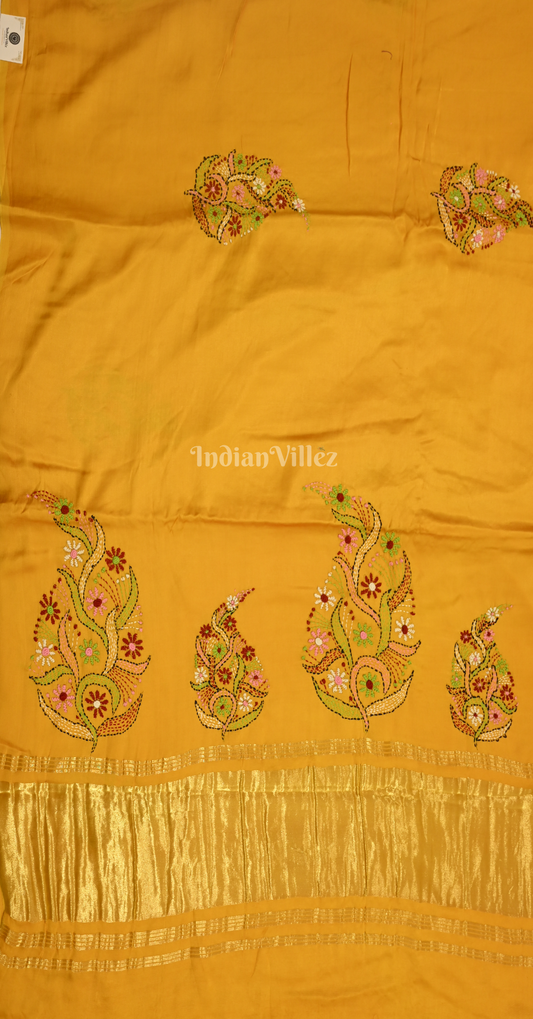 Mustard Yellow Kutch Embroidery Work Gaji Silk Saree