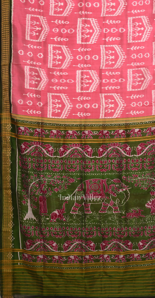Pink Green House Tribals Motif Odisha Ikat Khandua Silk Saree