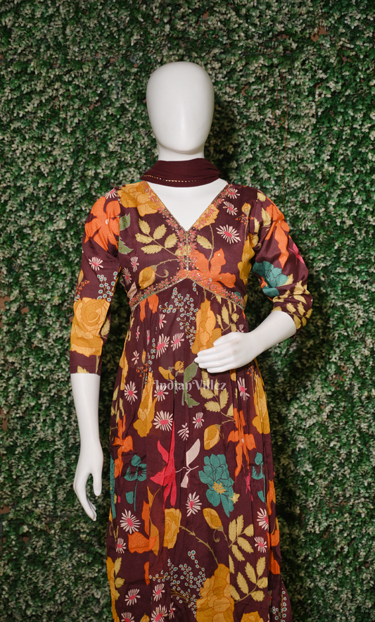 Multi Color Abstract Floral Print Kurta Plazzoo with Dupatta Set 