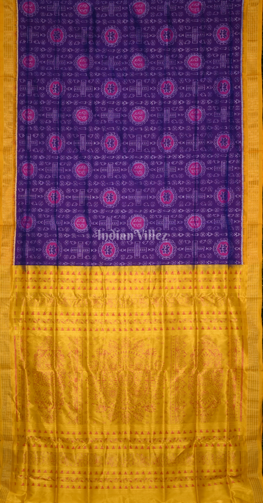 Blue Yellow Laxmi Feet Half Tissue Sambalpuri Silk Saree 
