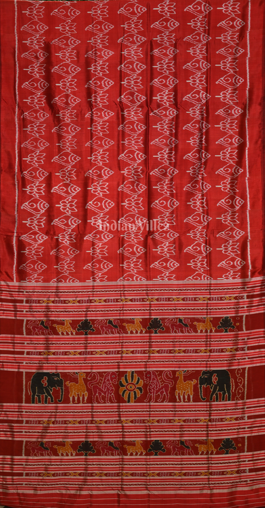 Maroon Lotus Sankha Motif Odisha Ikat Contemporary Silk Saree