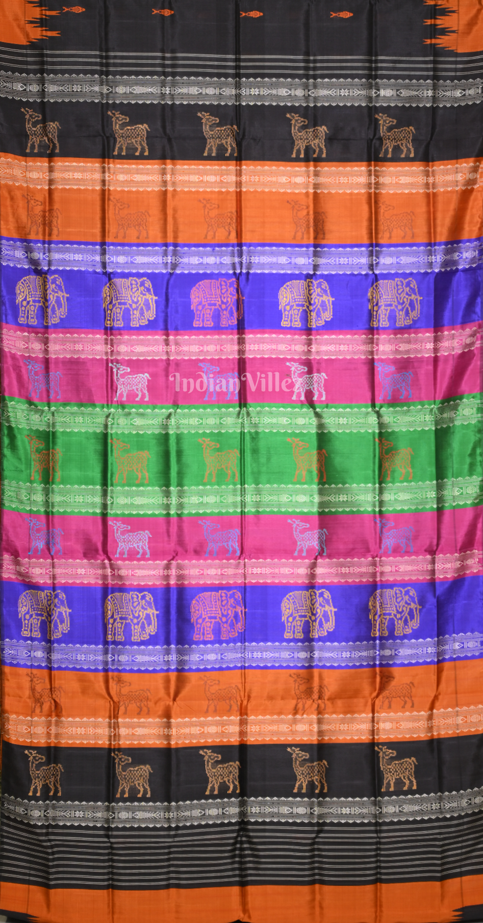 Black Rust Orange Fish Motif Double Pallu Berhampuri Silk Saree 