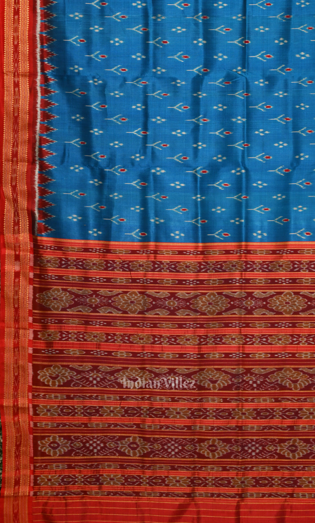 Copper Sulphate Blue Red Mayur Chandrika Odisha Ikat Khandua Silk Saree