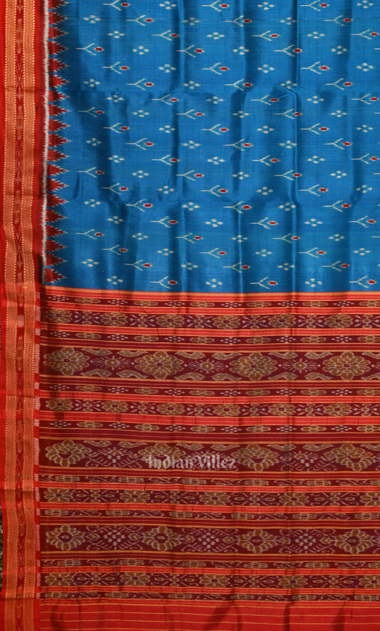 Copper Sulphate Blue Red Mayur Chandrika Odisha Ikat Khandua Silk Saree