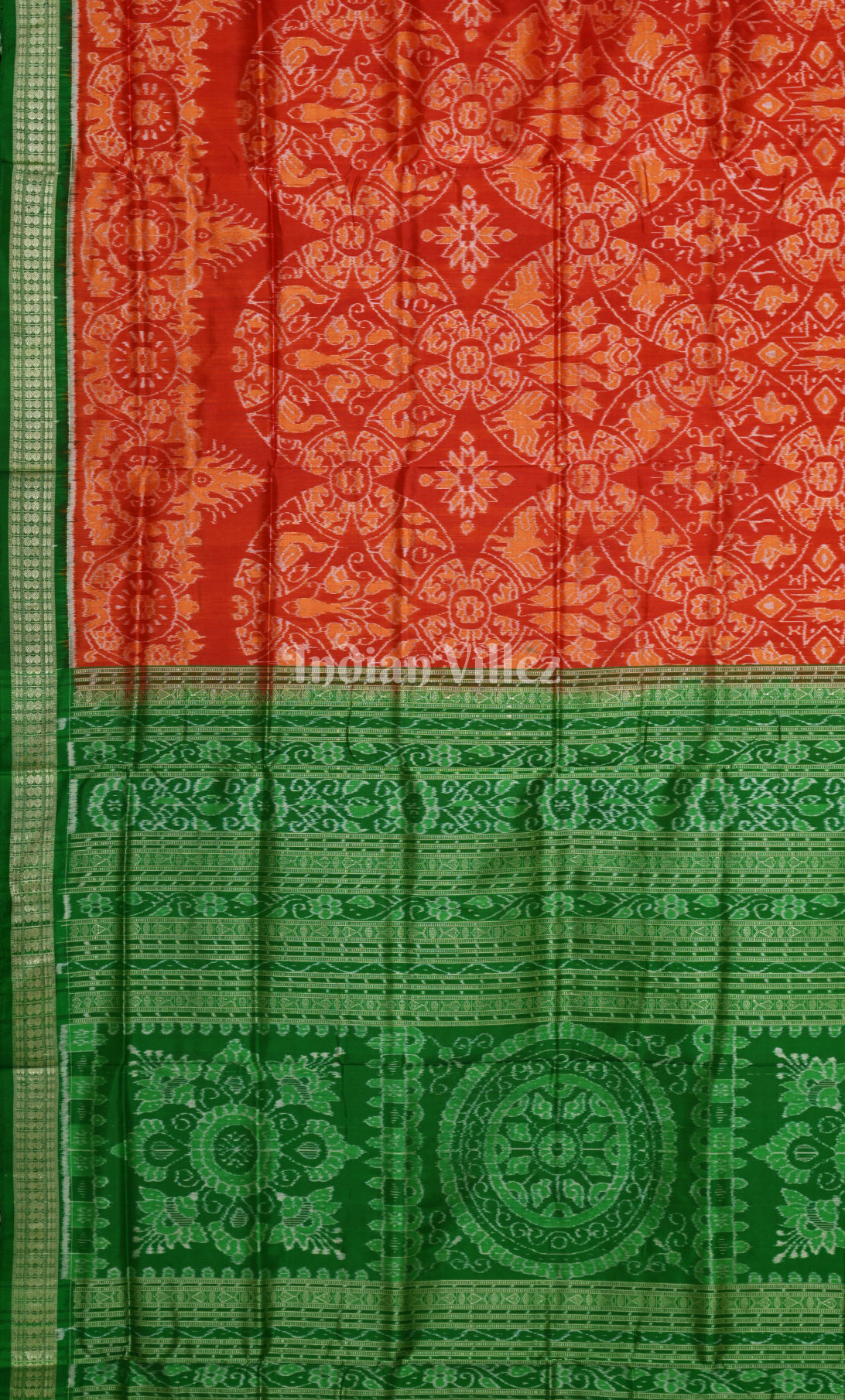 Orange Green Jhoti Design Odisha Ikat Sambalpuri Silk Saree