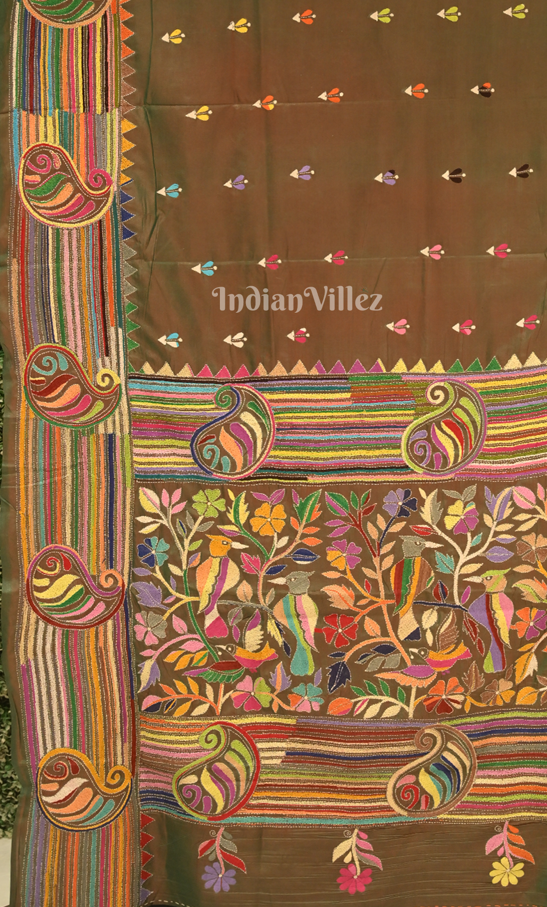 Olive Green Handwoven Kantha Stitch Silk Saree