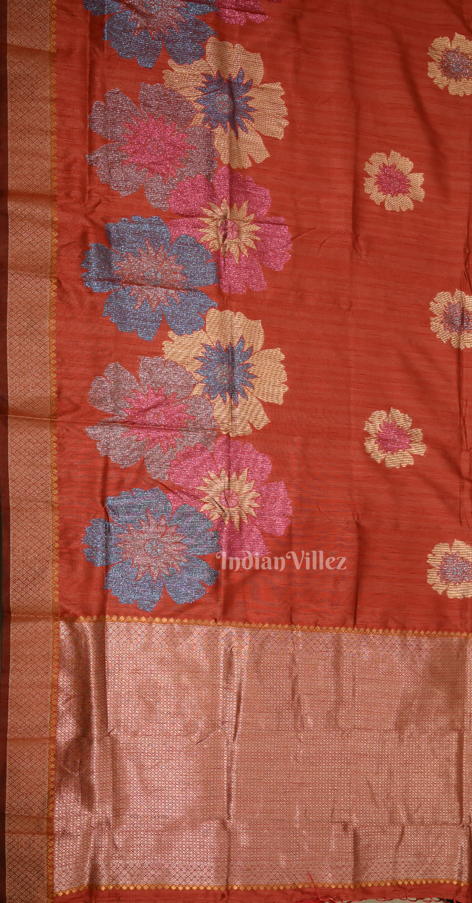 Red Floral Motif Zari Linen Designer Banarasi Saree