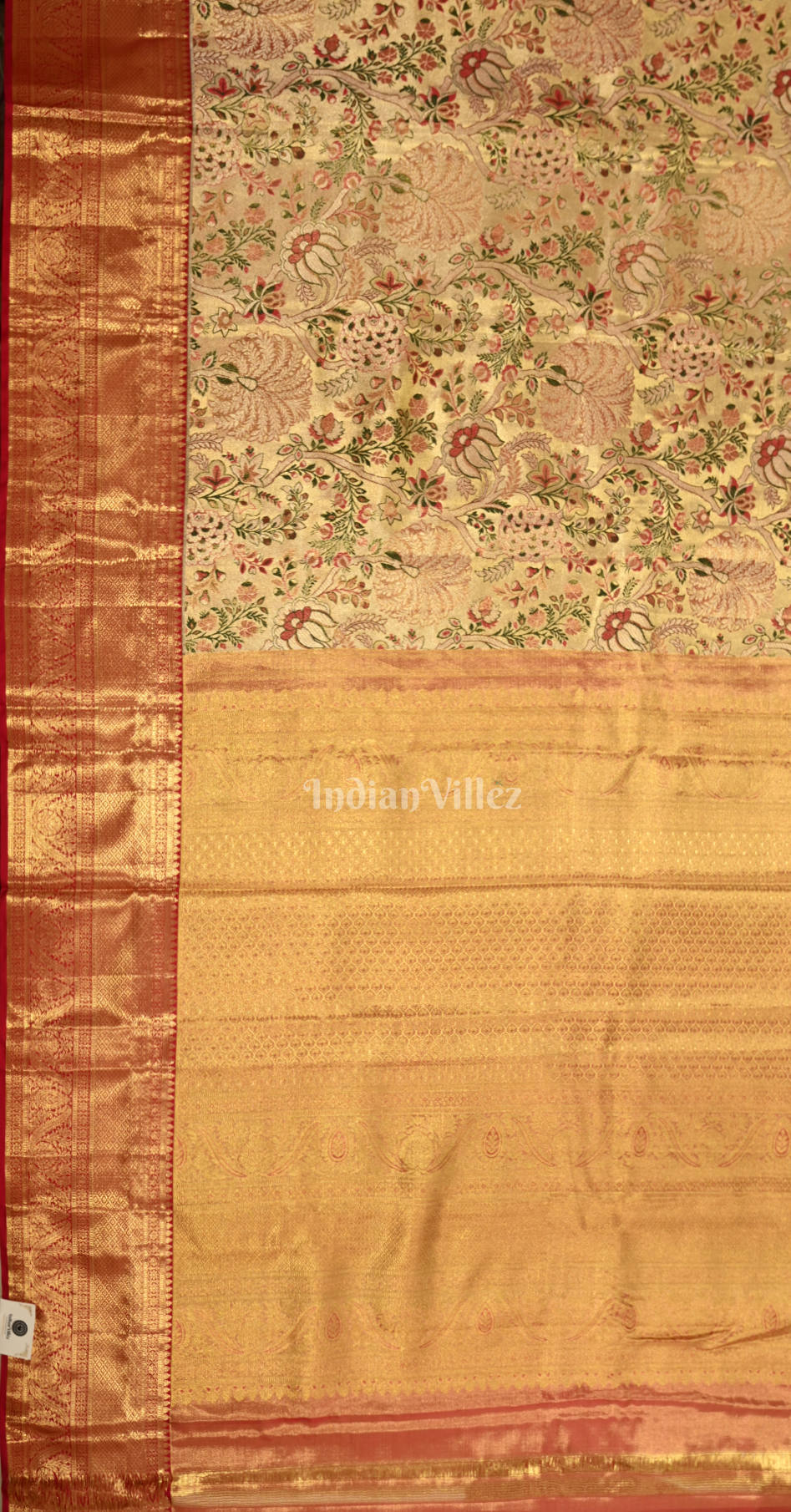 Golden Red  Floral Brocade Pure Kanjivaram Tissue Silk Saree 