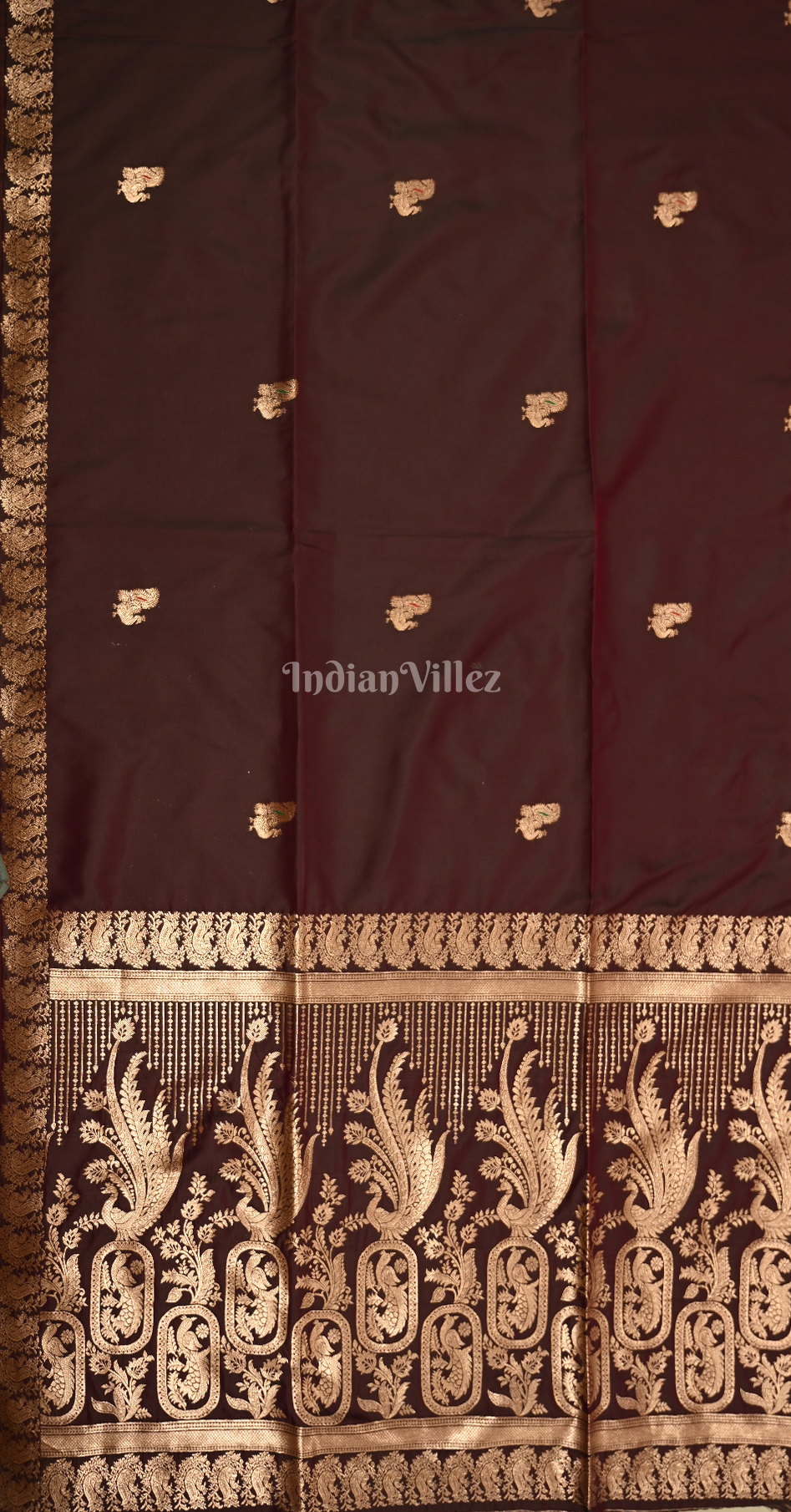 Coffee Golden Peacock Design Pure Mashru Satin Silk Banarasi Saree