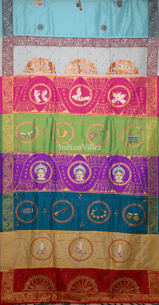 Multi Color Musical Instruments & Dancer Theme Hand-painted Pattachitra Saree
