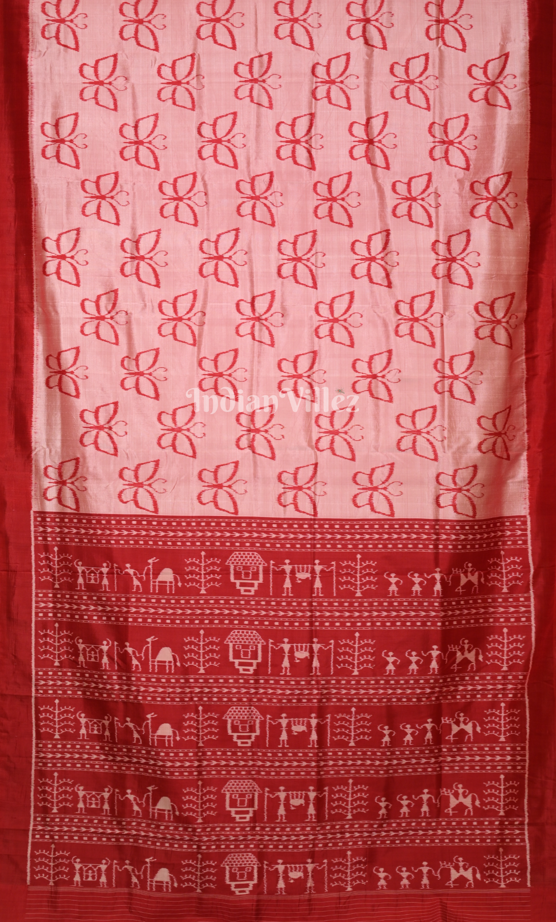 Peach Red Butterfly Theme Odisha Ikat Contemporary Designer Silk Saree 