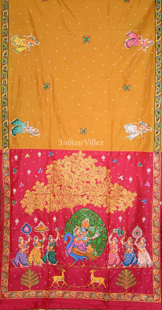Mustard Yellow Rani Pink (Mayur) & Nartaki Theme Dual Tone Hand-Painted Pattachitra Saree