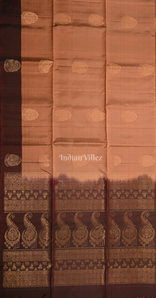 Copper Brown Maroon Floral Zari Pure Kanjivaram Soft Silk Saree