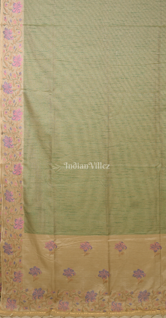 Green Beige Tussar Silk Saree with Floral Embroidery Work
