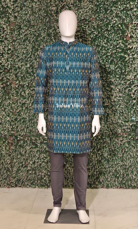 Teal Blue Pochampally Ikat Cotton Kurta for Men