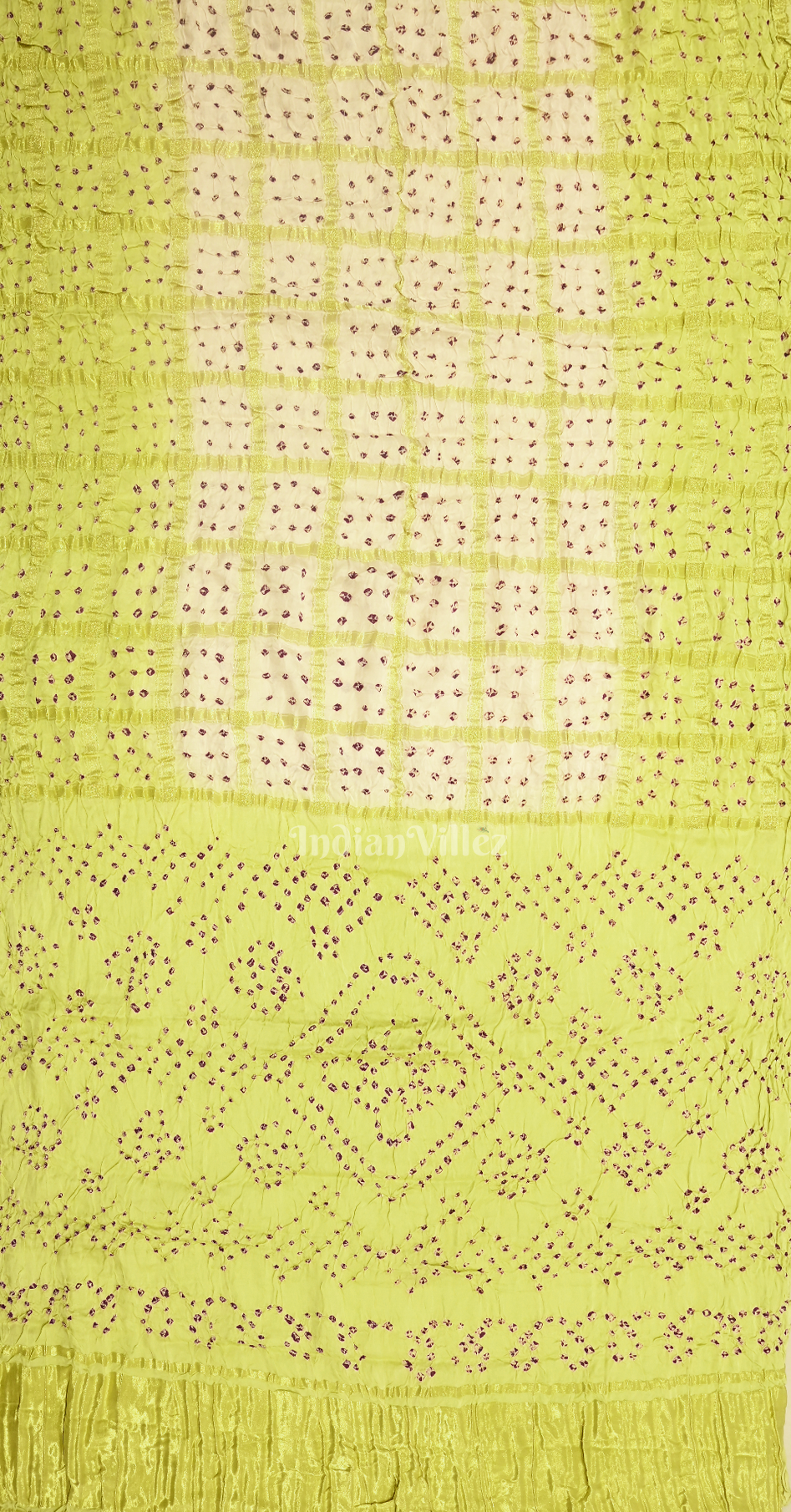White Lemon Green Bandhani Ghatchola Gaji Silk Saree with Zari Work