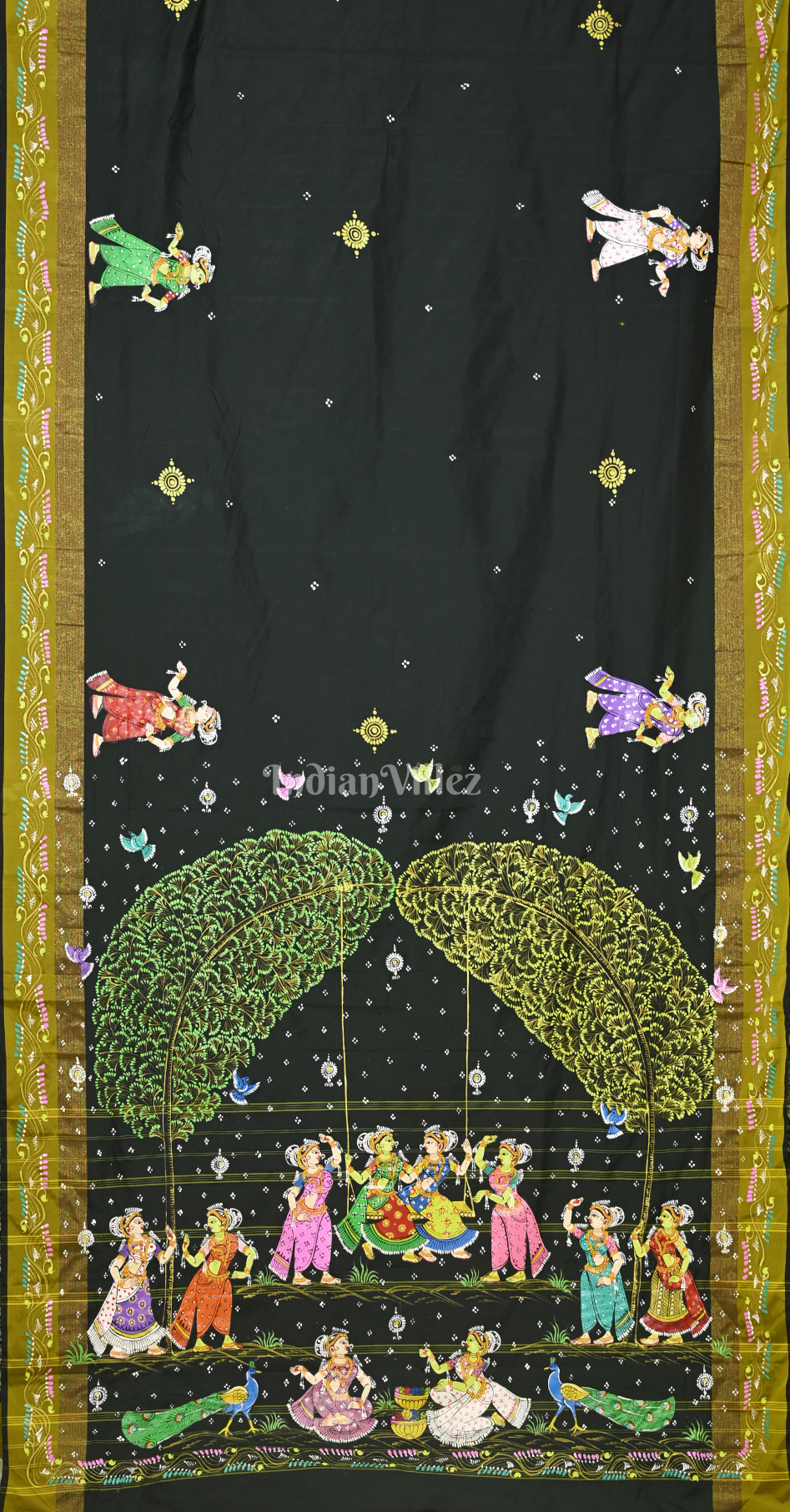 Bottle Green Raja Doli Theme Hand-Painted Pattachitra Saree 