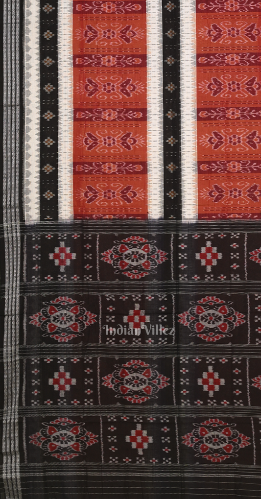 Brick Red Black Pasapali Odisha Ikat Sambalpuri Cotton Saree