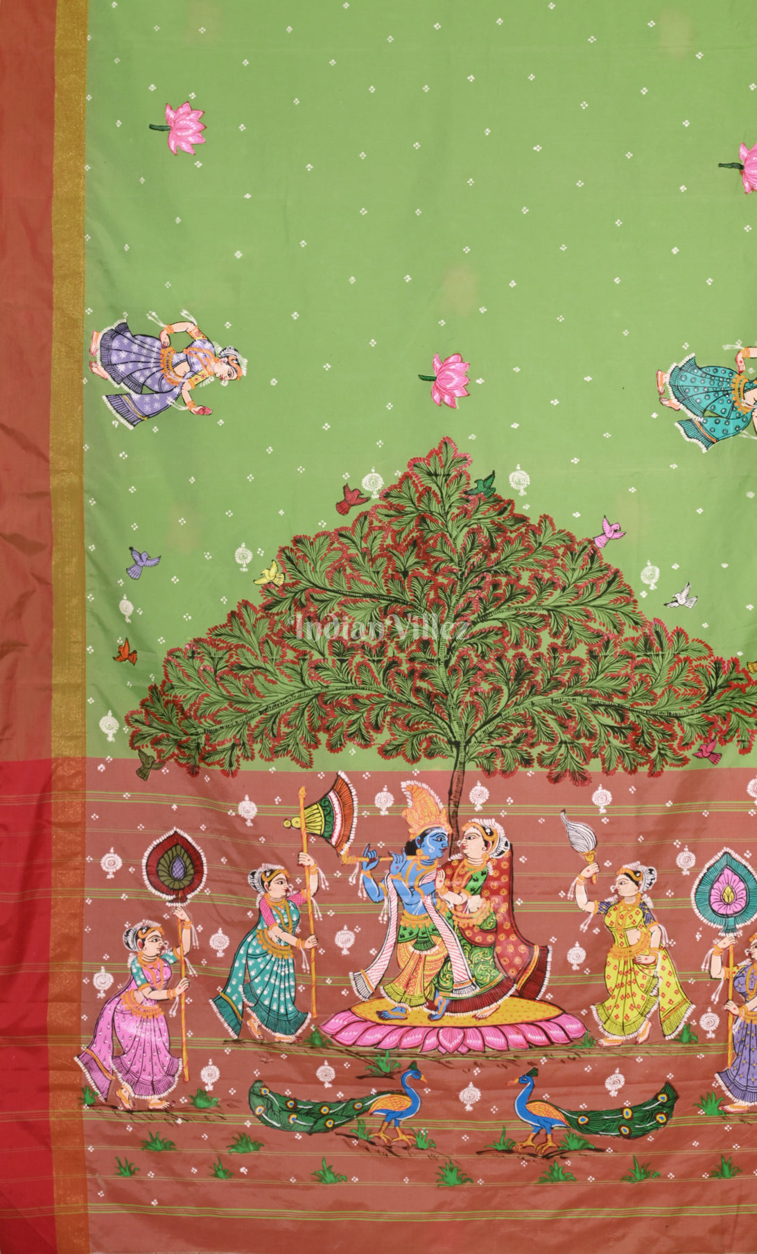 Parrot Green Raasleela Hand-Painted Pattachitra Saree