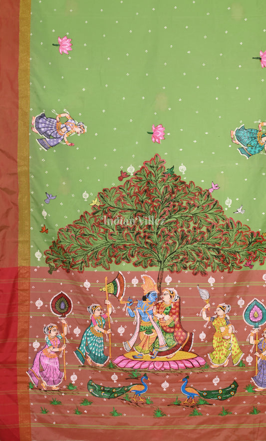 Parrot Green Raasleela Hand-Painted Pattachitra Saree