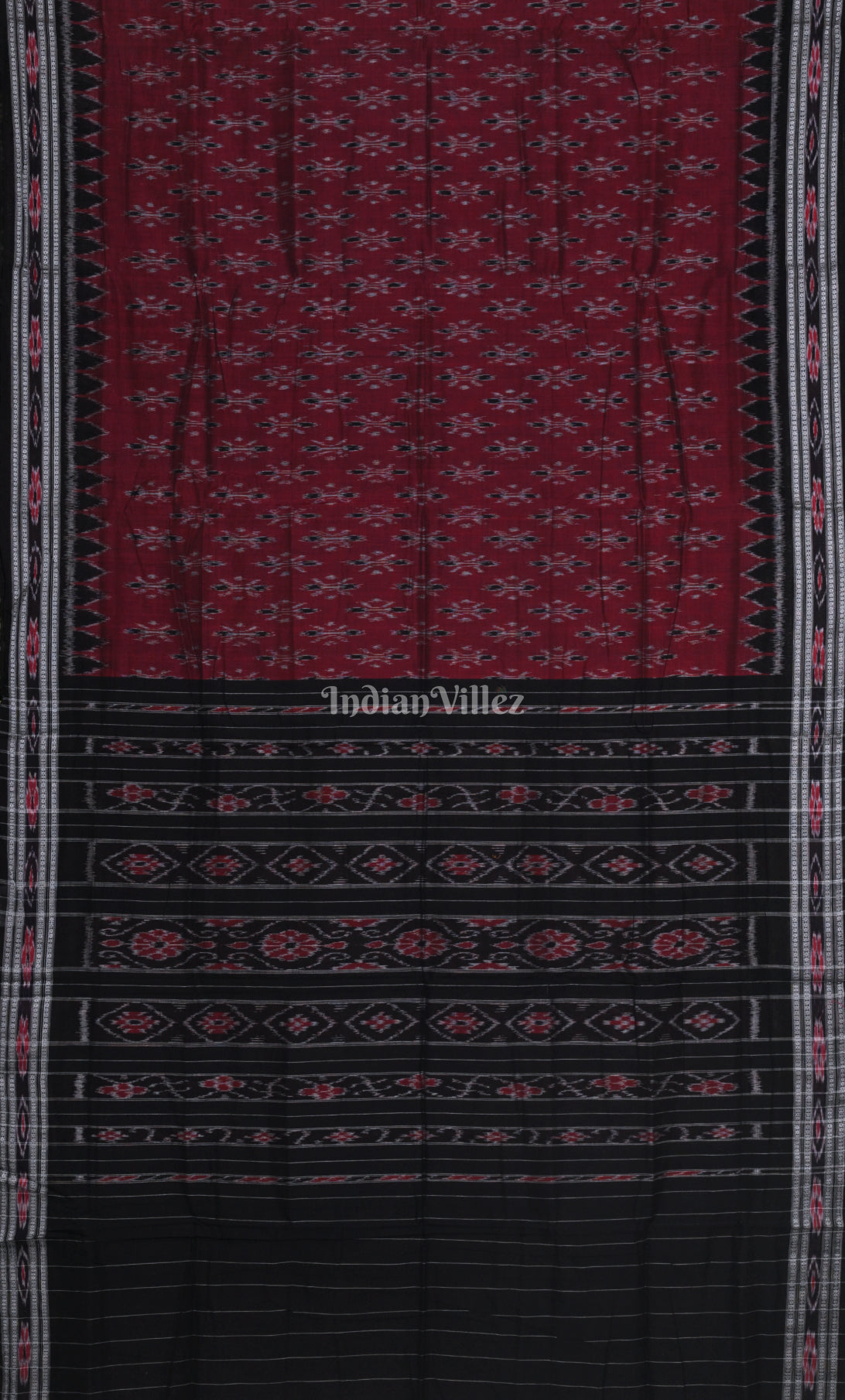Maroon Red Black Odisha Ikat Maniabandha Cotton Saree 