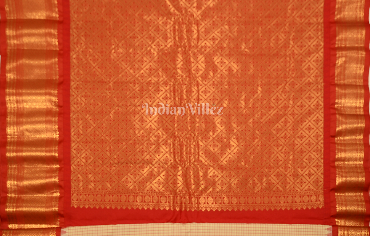 Cream Red Check Pure Gadwal Silk Saree 