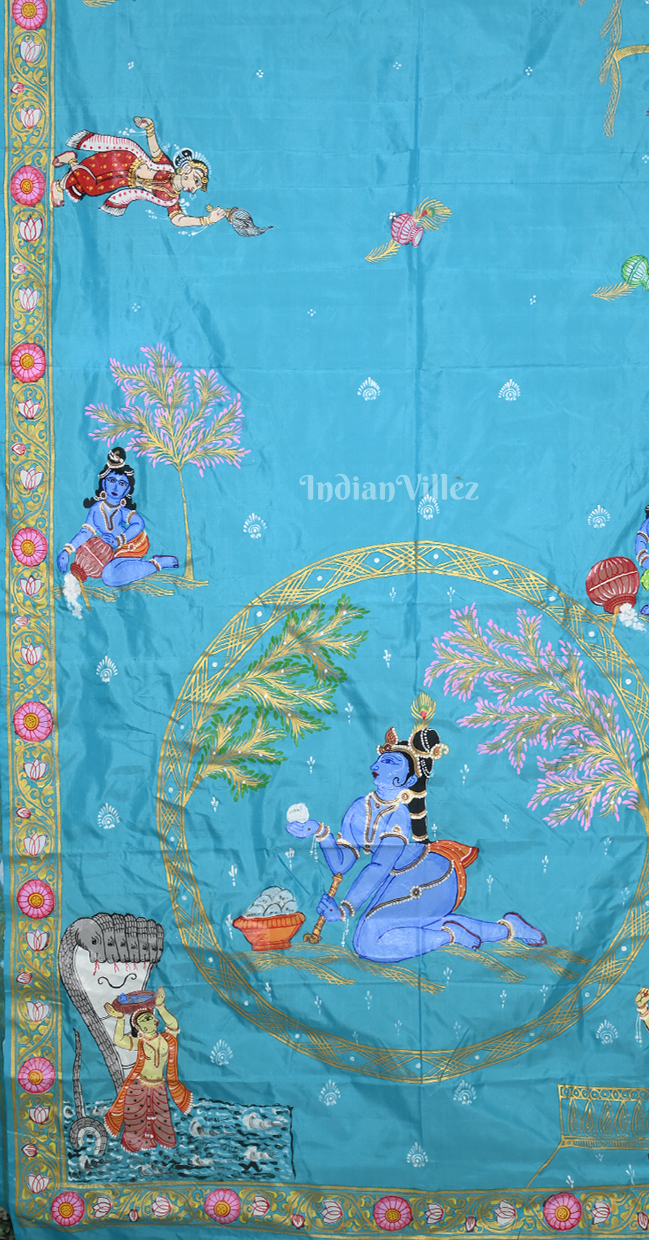 Sky Blue Krishna Janmashtami Theme  Hand-Painted Pattachitra Saree