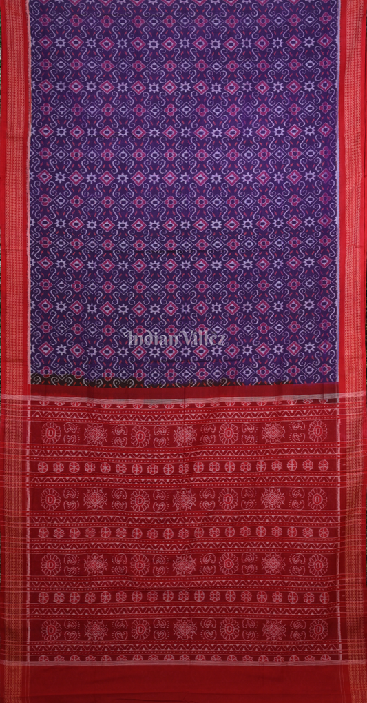 Purple Red Flower Motif Odisha Ikat Sambalpuri Cotton Saree 
