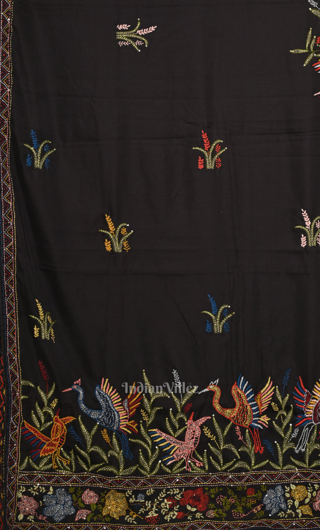 Black Tussar Silk Saree with Hand Embroidery 