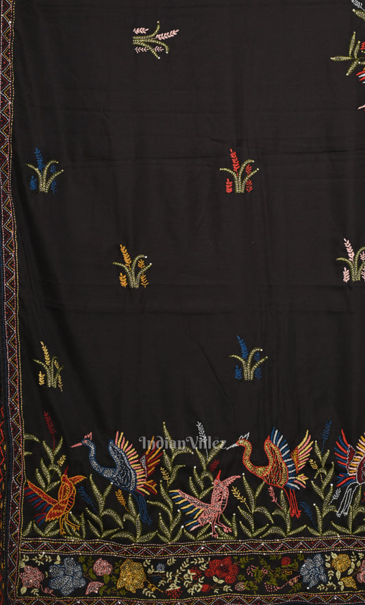 Black Tussar Silk Saree with Hand Embroidery 